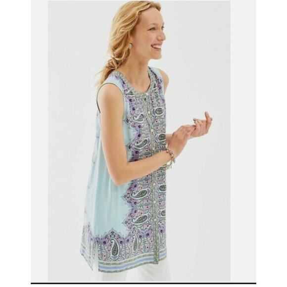 J. Jill Paisley Tunic Top Tank Sleeveless Boho Long Paisley Size Medium Petite - Picture 10 of 11